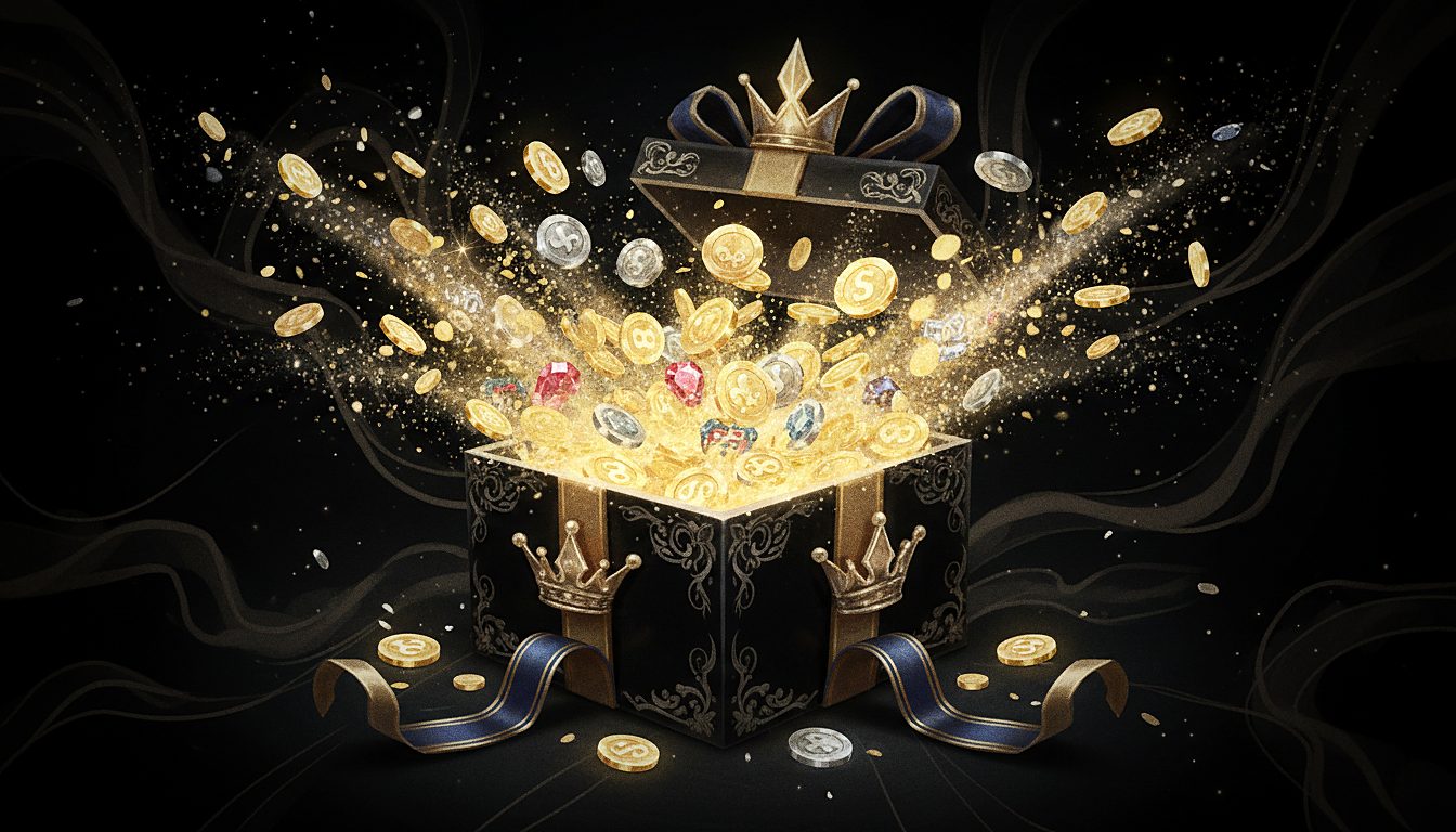 gift box overflowing with coins and sparkles, bonus theme